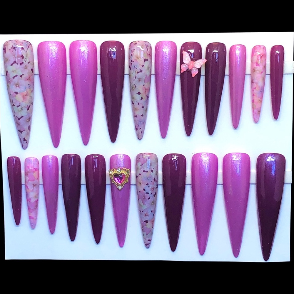 Press On Nails Custom Handmade UV Gel 2X Long Stiletto Purple Metallic Floral